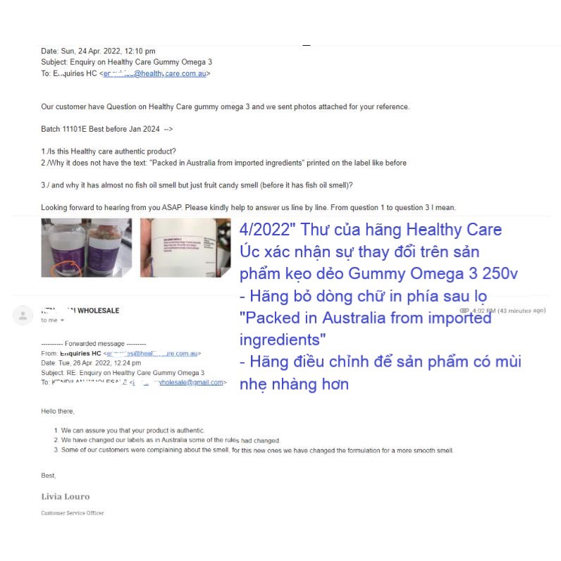 Kẹo dẻo (250v) bổ sung DHA và khoáng chất cho bé từ 2 tuổi Healthy Care Gummy Multivitamin/ Omega 3, Úc