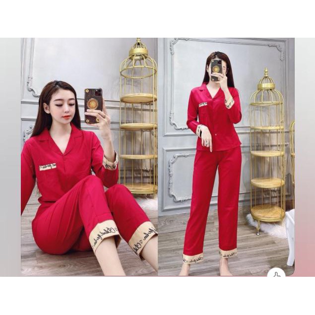 (Hàng có size) Set bộ đồ mặc nhà dài tay đáp chữ ký vải lụa mềm mịn-LP1