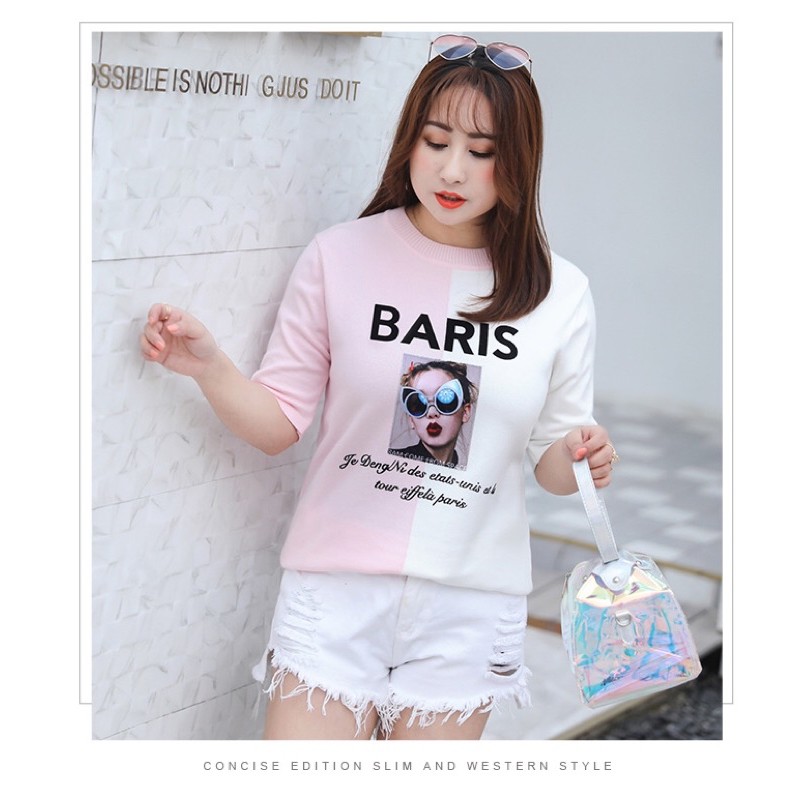 áo len thun big size phối 2 màu hình cô gái size 70-80kg