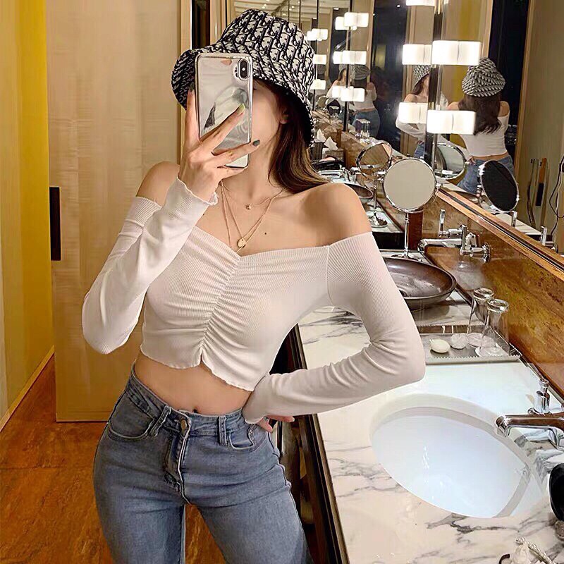 ÁO CROPTOP TRỄ VAI CUỐN BIÊN TAY DÀI [GEMI SHOP]