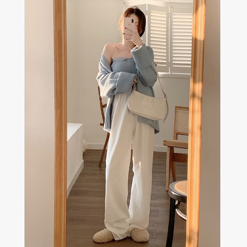 Set áo khoác len cadigan và áo quây len dáng dài form rọng phong cách ulzzang
