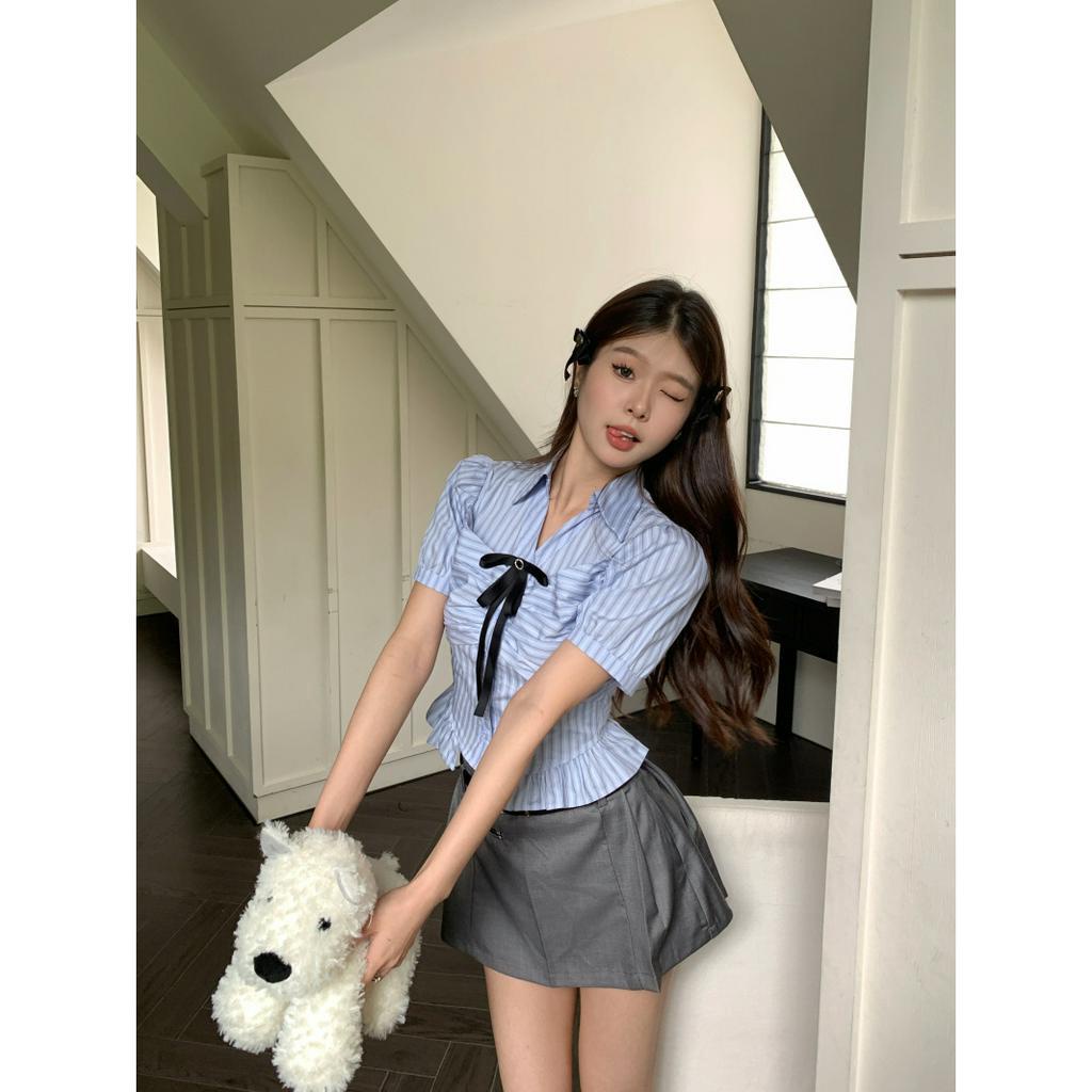 Bộ Áo Sơ Mi Thắt Nơ Eo + Chân Váy Xếp Ly Thời Trang Phong Cách Hàn Quốc Cho Nữ