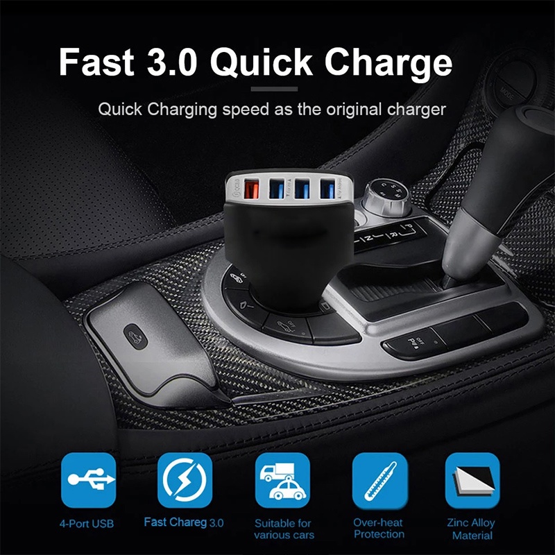 Tẩu Sạc Nhanh QC3.0 4 Cổng USB Cho iPhone Xiaomi Xe Hơi