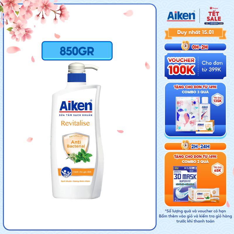 [Mã COSBDAG5 giảm 8% đơn 150k] Aiken Sữa tắm Sạch khuẩn Chiết Xuất Bạc Hà 850g