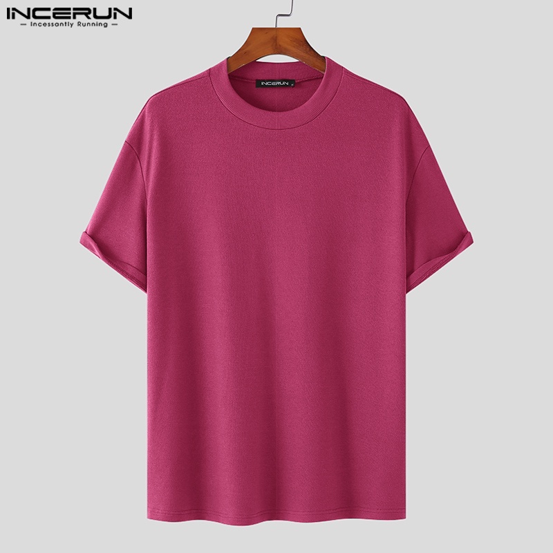 Áo thun INCERUN tay ngắn cổ tròn màu trơn đơn giản thời trang cho nam