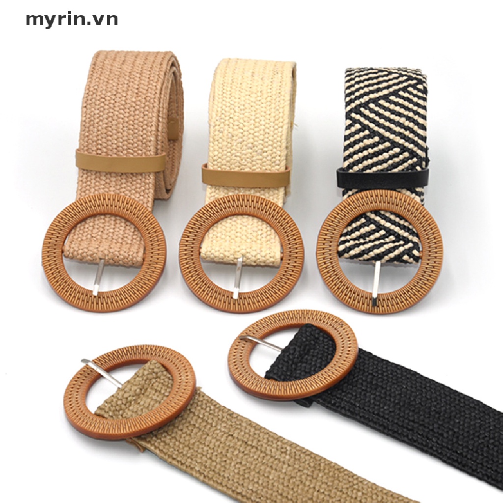 Thắt Lưng Dây Rơm Bện Co Giãn Khóa Tròn Phong Cách Boho Cổ Điển Cho Nữ