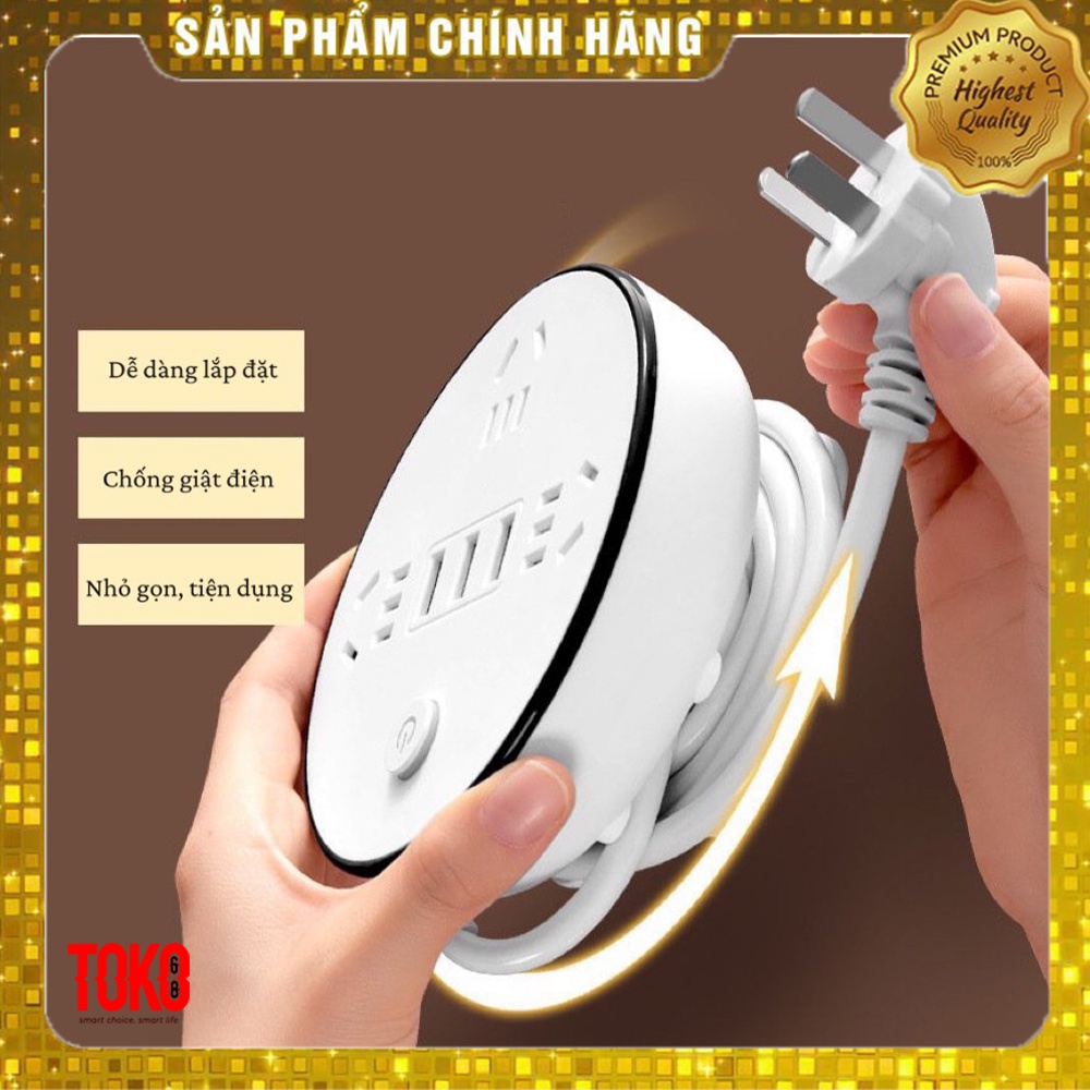 Ổ cắm điện đa năng thông minh hình tròn kết nối nhanh 3 ổ cắm 3 cổng usb dây dài 2,8m chịu tải 2500W
