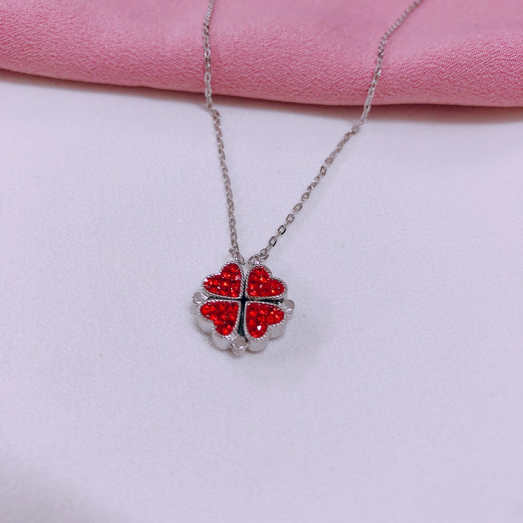 DÂY CHUYỀN BẠC CỎ 4 LÁ GHÉP TIM 2 MẶT NẠM ĐÁ (CÓ VIDEO KÈM THEO ) - BẠC BIBI