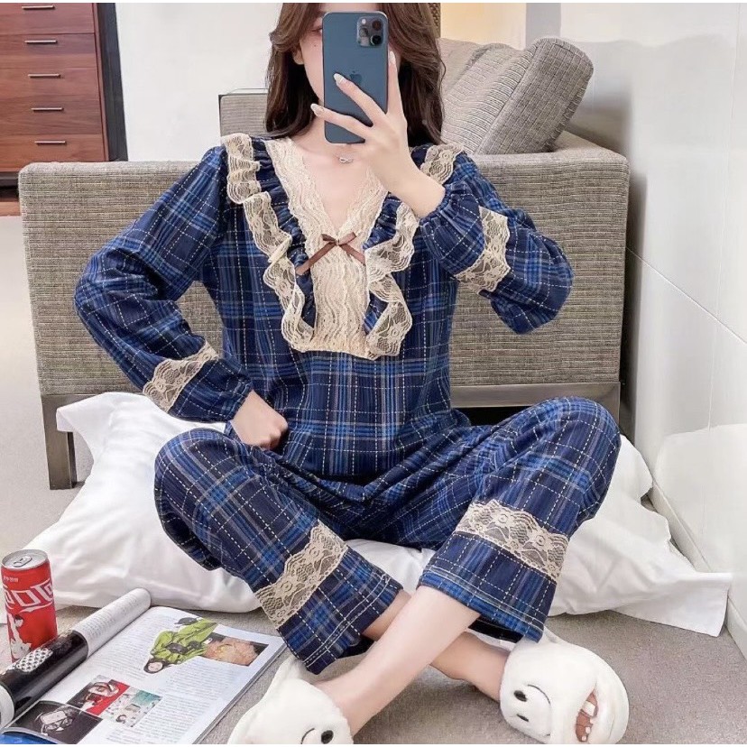 Bộ ngủ pijama nữ dài tay chất chất liệu lụa sữa cao cấp màu kẻ xanh đậm - bộ ngủ thu đông (có bigsize) | BigBuy360 - bigbuy360.vn