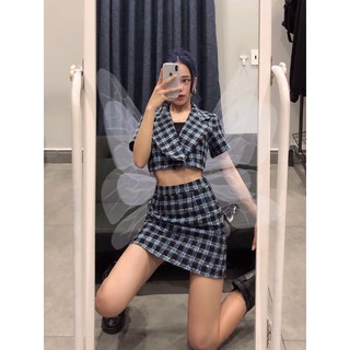 Bộ Croptop Chân Váy Vest Kẻ Caro Hàng Hot