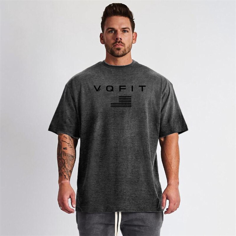 Áo thun bằng cotton tay ngắn in họa tiết kiểu dáng thoải mái thời trang thể hình dành cho nam