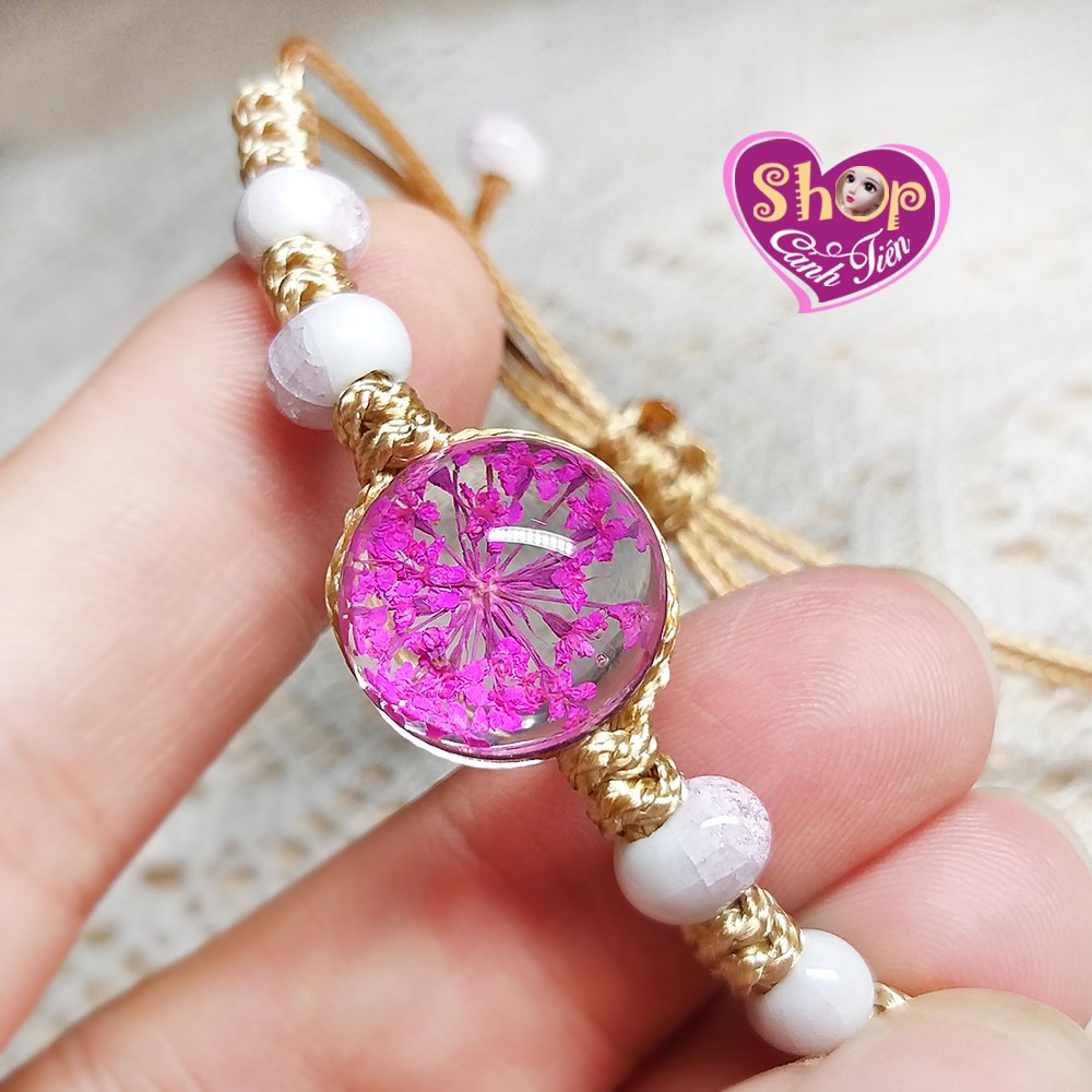 Vòng tay Handmade Hoa khô thủy tinh mix hạt gốm men rạn rất Xinh