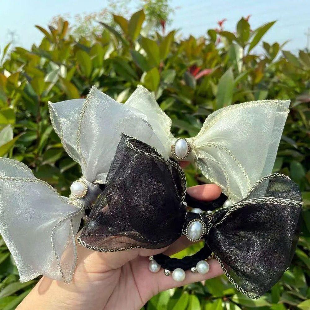 NICKOLAS Dây Buộc Tóc Vải Voan Lưới Đính Nơ Xinh Xắn