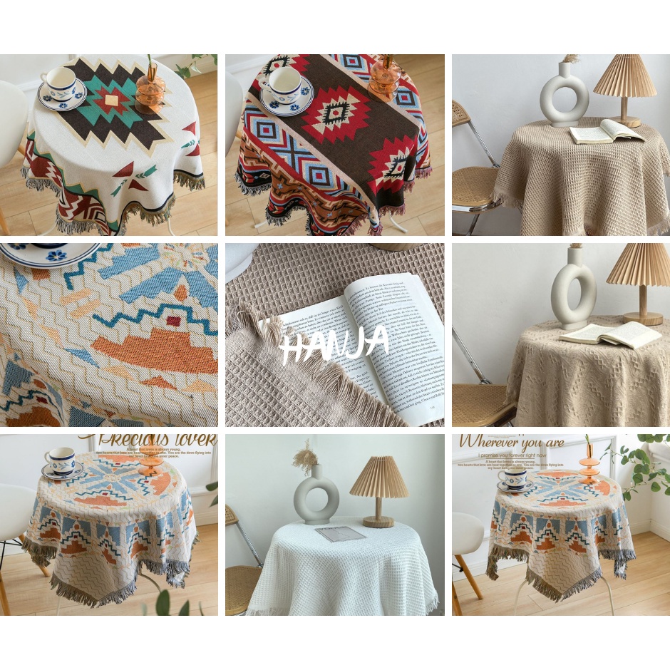 (1) Khăn trải bàn hình chữ nhật/tròn cotton&lanh Morandi organic họa tiết thổ cẩm có tua phong cách Bắc Âu