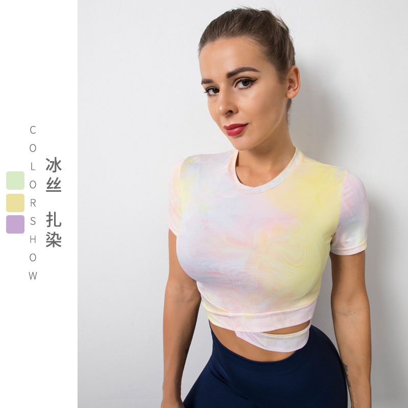 Áo crop top Thể Thao Tay Ngắn Họa Tiết Màu Nhuộm Độc Đáo Tiện Dụng Cho Nữ