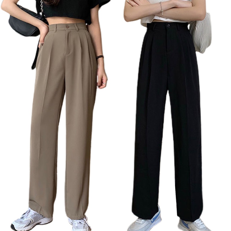 Quần ống rộng Lưng Cao Màu Trơn Có Túi Và Khóa Kéo Thời Trang Công Sở Cho Nữ