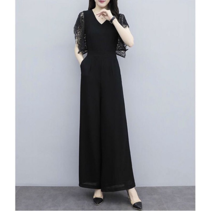 Jumpsuit dài tay ren ống suông rộng, bộ jum đồ bay vải lụa cổ V - DTH