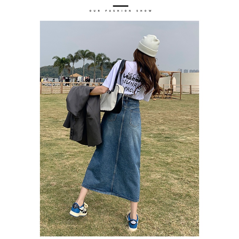 Chân váy jean dáng chữ A dài lưng cao thiết kế xẻ tà phong cách Mỹ retro thời trang mới dành cho nữ