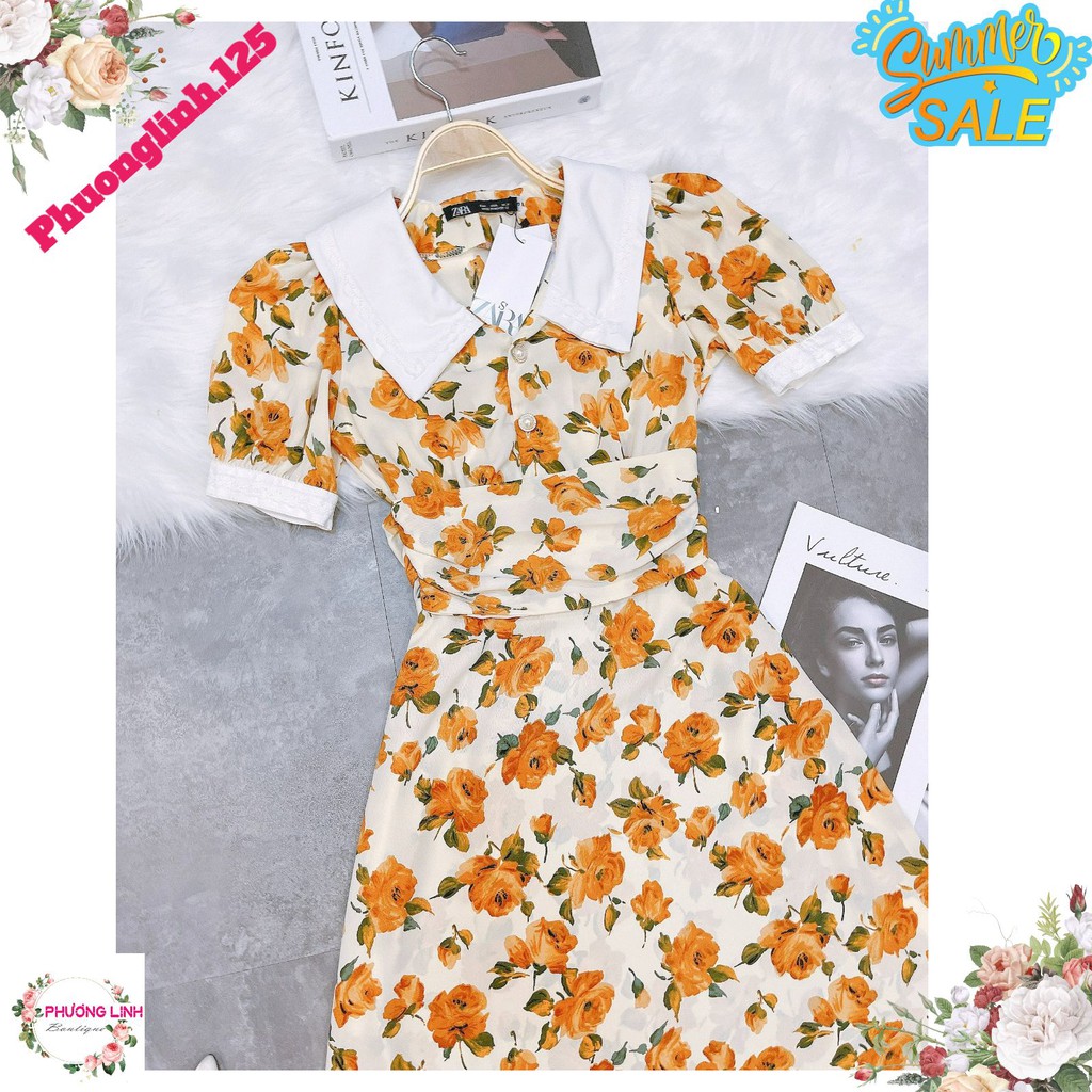 VÁY HOA VÀNG CAM PHỐI CÚC NGỌC VINTAGE | BigBuy360 - bigbuy360.vn