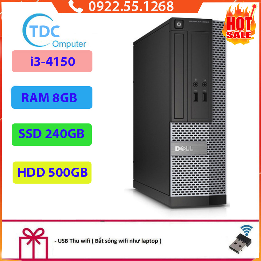 Case máy tính đồng bộ DELL Optiplex 3020 Intel Core i3-4150, ram 8GB, Ổ cứng SSD 240GB+HDD 500GB Tặng USB Thu Wifi