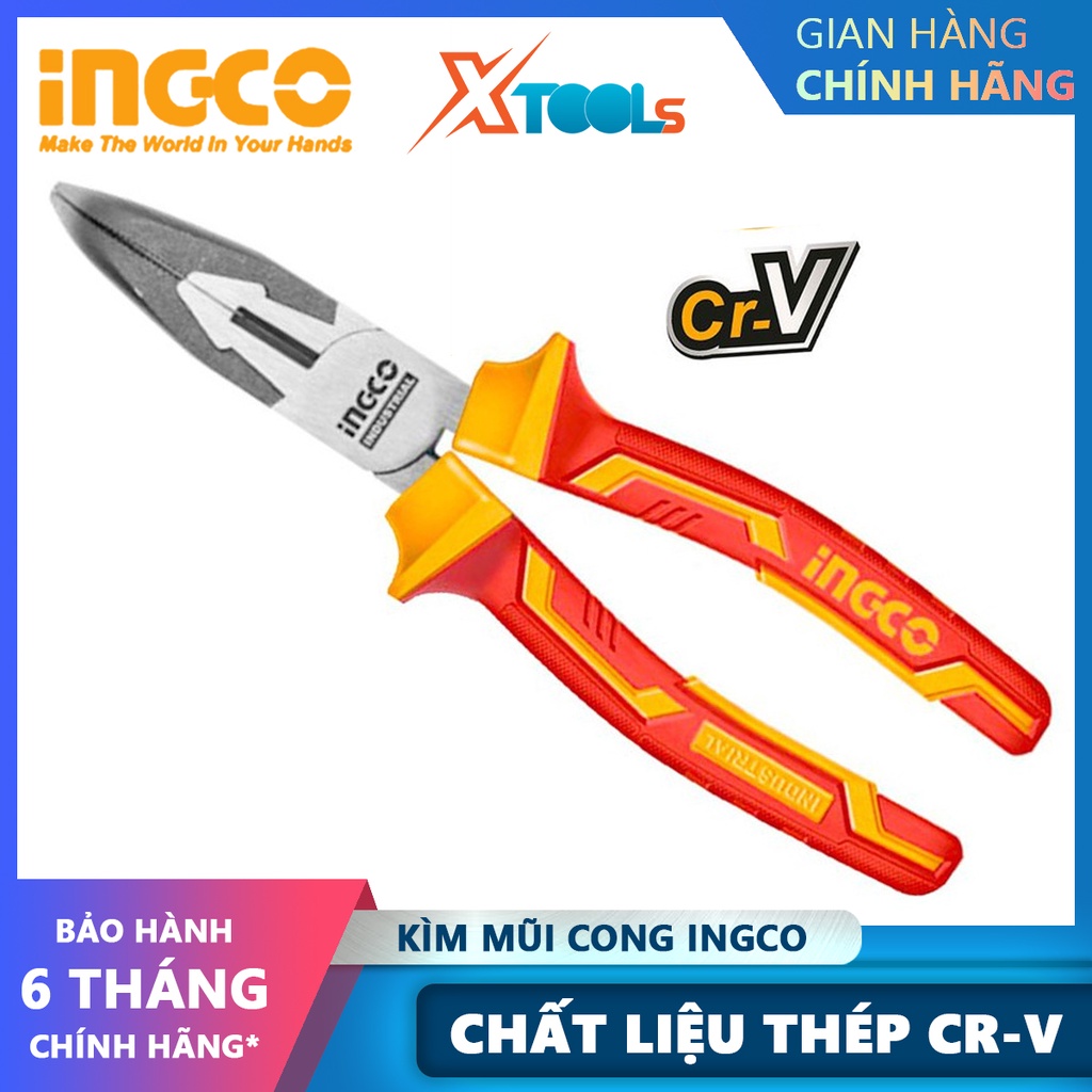 Kềm mũi cong cách điện INGCO HIBNP28208 | Kìm cắt công nghiệp Kích thước 8&quot;/200mm Đầu kềm được đánh bóng và chống gỉ, dù