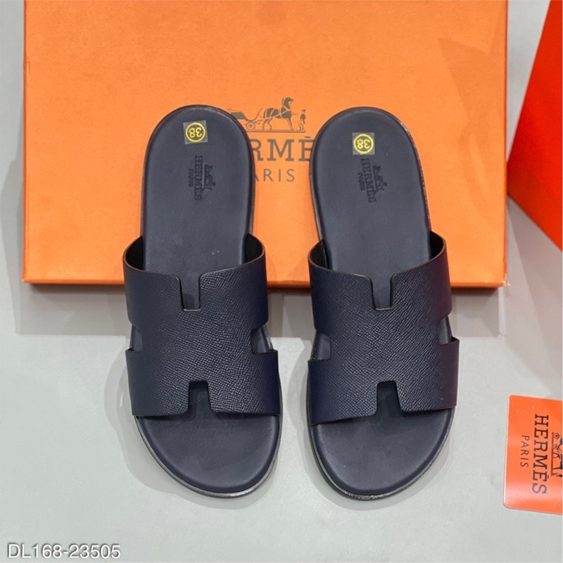 Dép lê quai da chữ H xanh than có hộp kèm - Dép quai da HM cao cấp full box