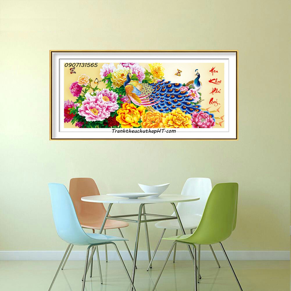 Tranh thêu chữ thập chim công hoa mẫu đơn Hoa khai phú quý LV3063 - size: 88*43cm (tự thêu)