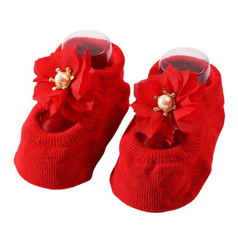 Set 3 đôi tất cotton chống trượt đính hoa/ngọc trai/nơ dễ thương xinh xắn dành cho bé gái