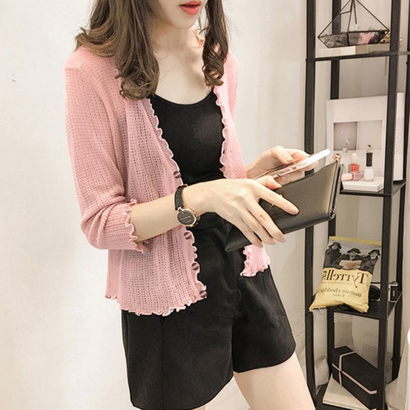 [Baywellfashion]Áo khoác nữ dệt kim tay ngắn cổ chữ V thời trang