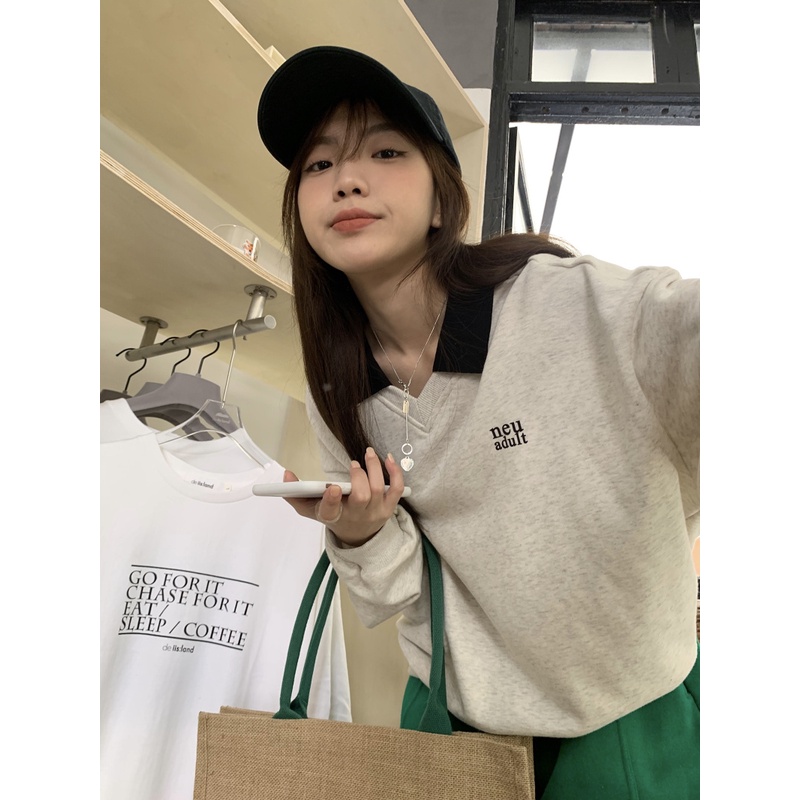Áo sweater nữ nỉ mỏng phối cổ bẻ năng động Hàn Quốc