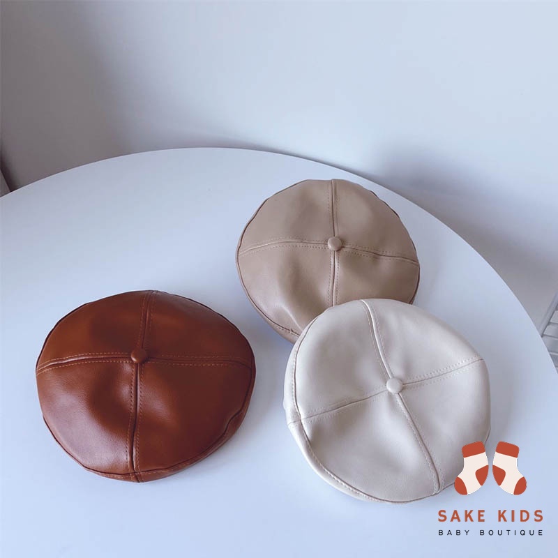 Mũ nồi bé trai bé gái - Mũ nồi beret chât da PU màu trơn có dây rút dễ thương cho bé từ 4-16 tuổi mới nhất MN02