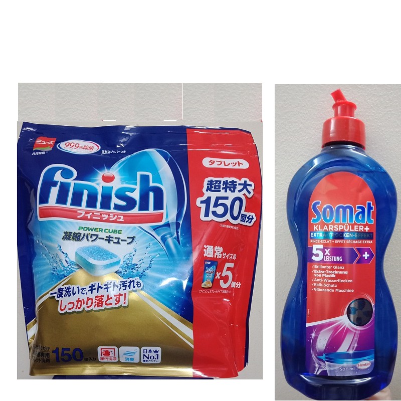 combo viên rửa bát Finish Nhât túi 150 viên và chai nước làm bóng Somat 500ml
