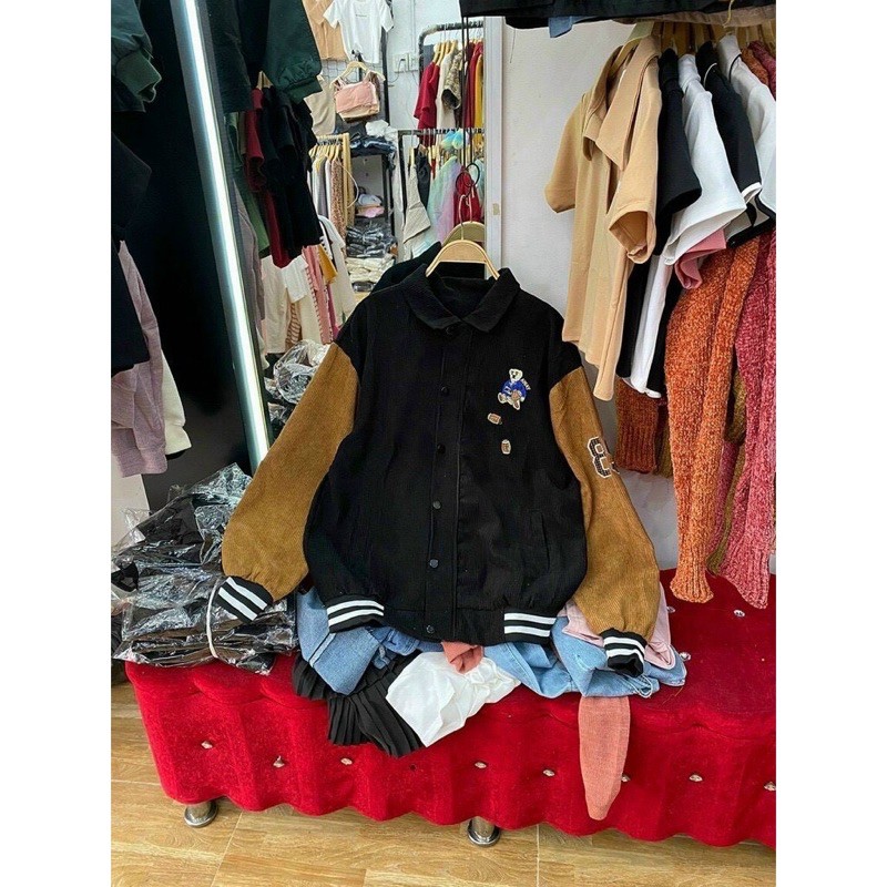 Áo khoác kaki nhung gân thêu gấu unisex ulzzang nam nữ
