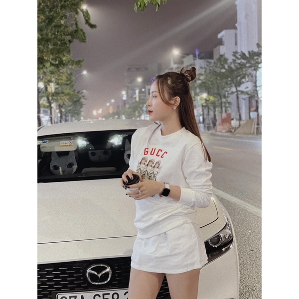 Set nỉ da cá thiên thần chữ gucci đỏ mix chân váy 2 lớp có lót trong hàng dày dặn cao cấp