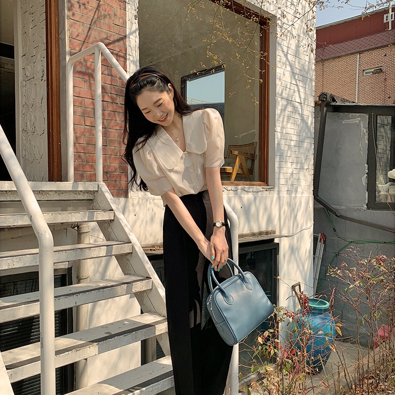 Áo Sơ Mi Tay Phồng Cổ Búp Bê Màu Trơn Dáng Rộng Dễ Phối Đồ Thời Trang Mùa Hè Cho Nữ