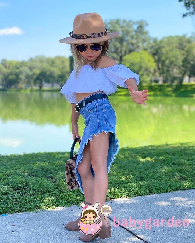 Áo Trễ Vai Ngắn Tay + Chân Váy Viền Ren Hợp Thời Trang Cho Bé Gái