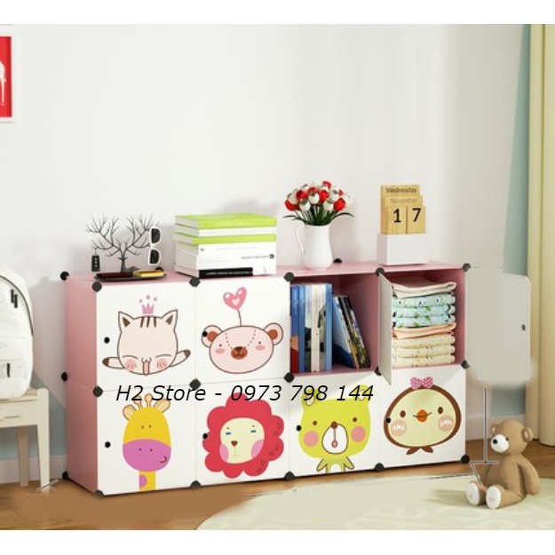 TỦ NHỰA THÔNG MINH ĐỂ ĐỒ CHO BÉ LẮP GHÉP 8 Ô CỬA MÈO BAY CUTE ĐA NĂNG CHO TRẺ sâu 47cm