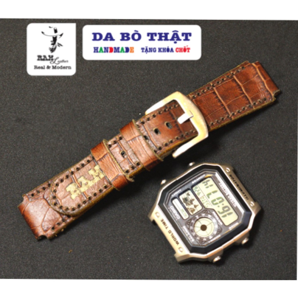 Dây đồng hồ RAM Leather 1928 cho CASIO 1200, AE 1200, 1300, 1100, A159 , A168 , Size 18 da bò dập vân cá sấu