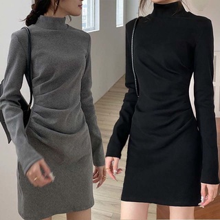 Đầm cổ lọ tay dài màu trơn thời trang thu đông thanh lịch cho nữ