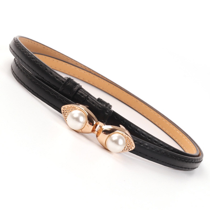 Thắt Lưng Da Bản Nhỏ Đính Hạt Ngọc Trai Thiết Kế Thanh Lịch Dễ Phối Đồ Thời Trang Cho Nữ