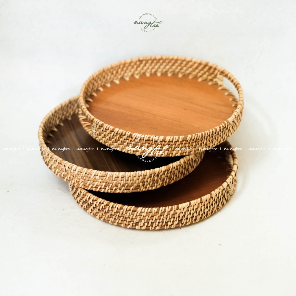 Khay trà gỗ óc chó - Khay tròn có quai (30cm) Wooden tea tray