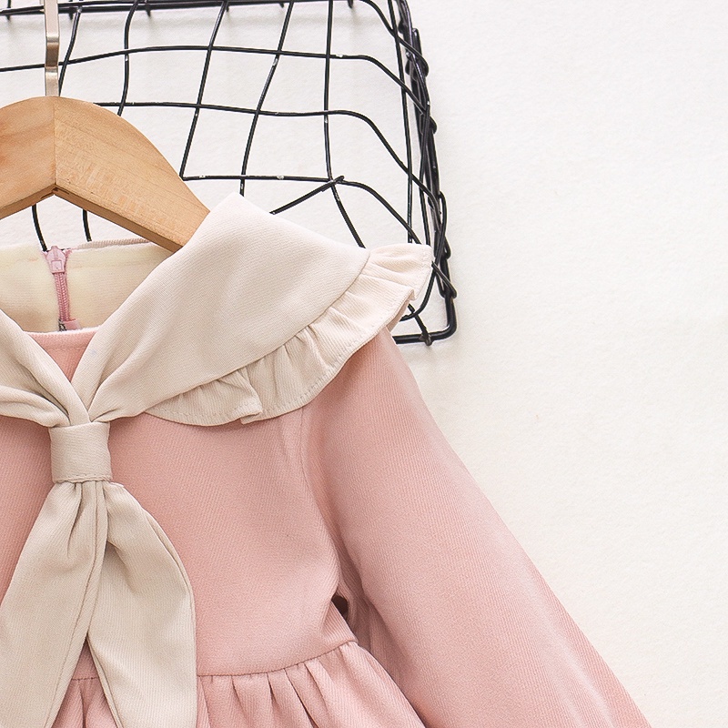 Đầm Công Chúa Tay Dài Phối Bèo Đính Nơ Màu Trơn Thời Trang Thu Đông Cho Bé Gái 0-3 Tuổi