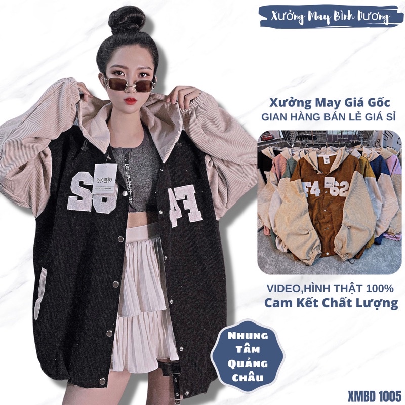 Áo khoác nhung tâm nút bấm form rộng nam nữ hàng quảng châu thêu F462 NÓN - NT1005