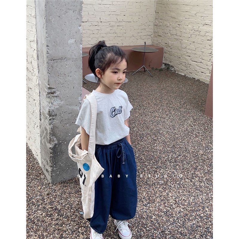 Bộ Áo Thun Tay Ngắn Và Quần Denim Cotton Dáng Rộng Thoải Mái Phong Cách Hàn Quốc Cho Bé Gái