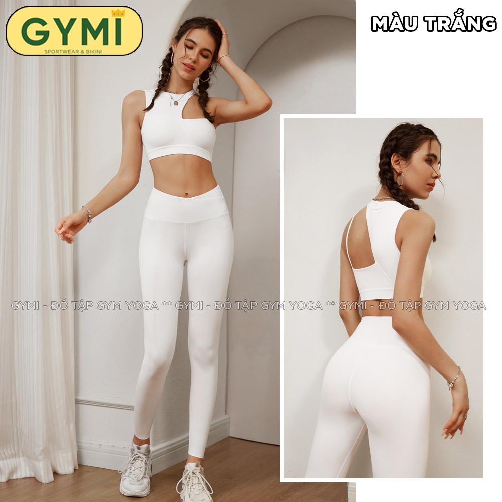 Set bộ đồ tập gym yoga nữ GYMI SET32 gồm áo bra chéo vai và quần legging dài thể thao chất poly sịn mát co giãn