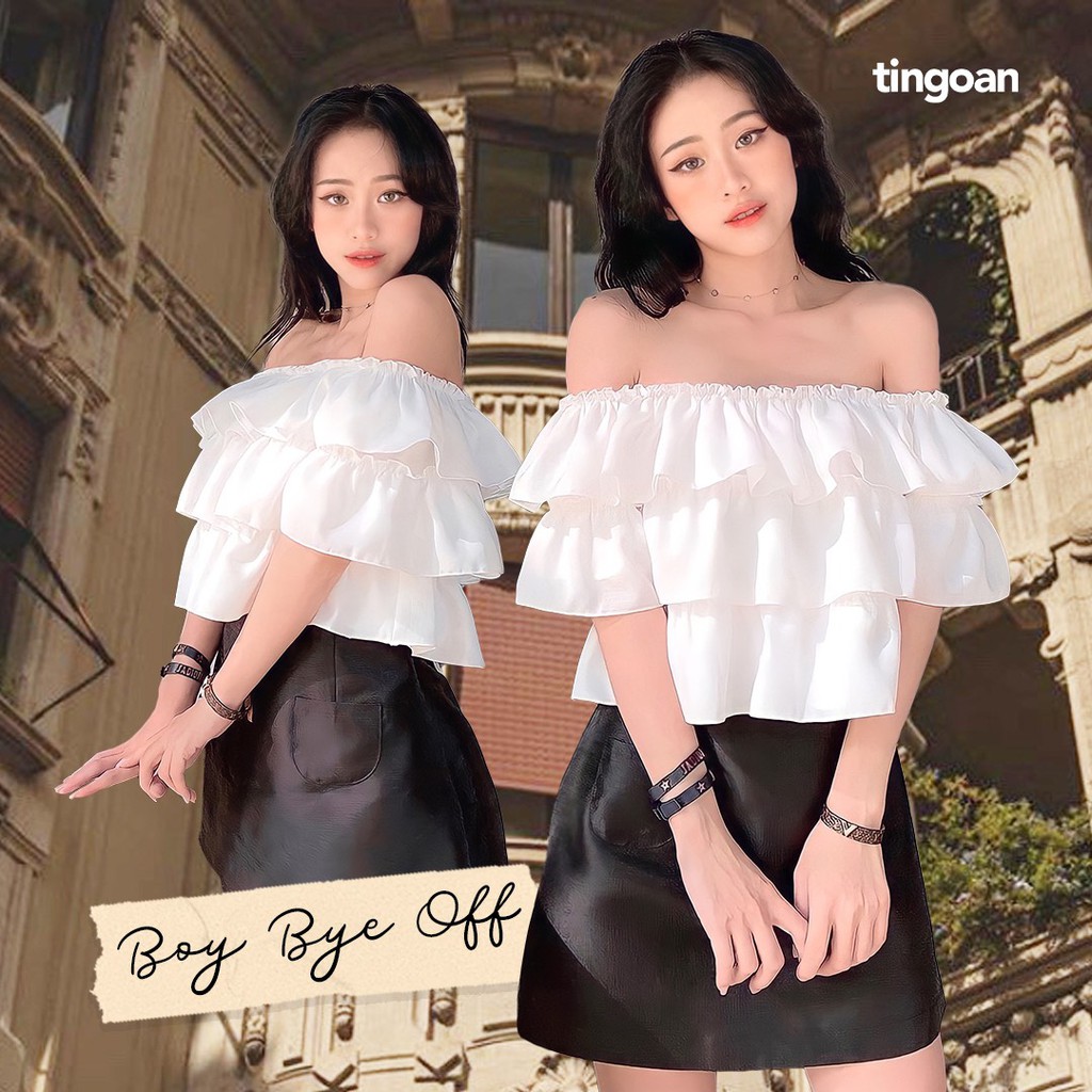 Áo trễ vai croptop 3 tầng đũi chống nhăn co dãn trắng tingoan BOY BYE OFF/WH