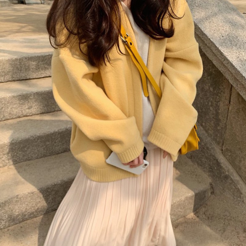 C&M Women Long Sleeve Casual Loose Soft Yellow Knit Cardigan