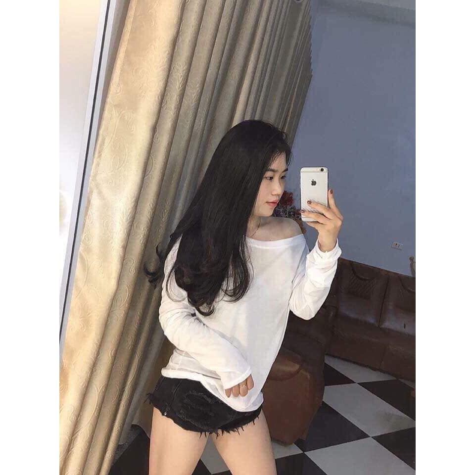 Áo Thun Xước Lệch Vai Dài tay Nữ - Rere.Store [FREESHIP] - Áo phông giấy mỏng dáng suông ôm bánh bèo tiểu thư sexy HOT