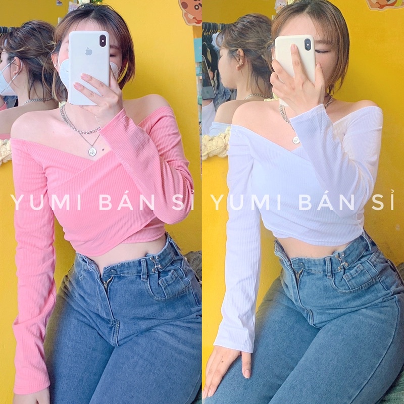 Áo Croptop Tay Dài Đắp Chéo Chất Thun Gân Kiểu Mới YUMI BÁN SỈ Áo Dài Tay Trễ Vai Đắp Chéo Siêu Hot 2022