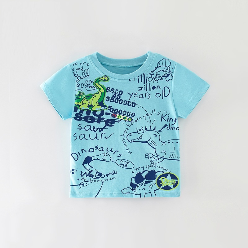Áo Thun Cotton Tay Ngắn Cổ Tròn In Hình Khủng Long Hoạt Hình Dễ Thương Thời Trang Mùa Hè Cho Bé Trai